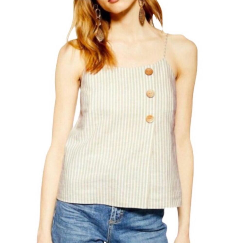 Topshop Linen Blend Stripe Tank with Wooden Buttons